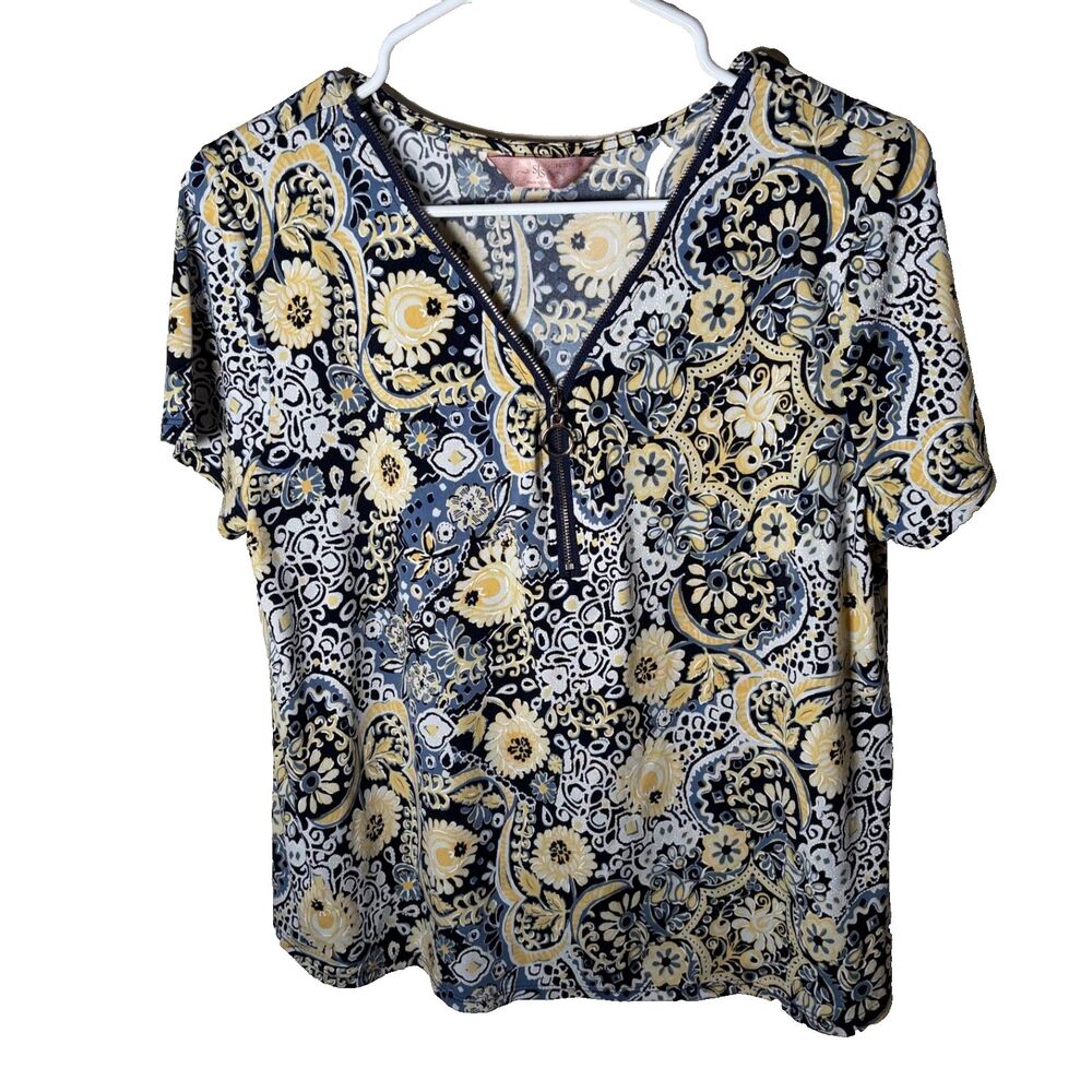 SJS Blouse Women's Petite Medium V-Neck Short Sleeve Printed Shirt Top Casual